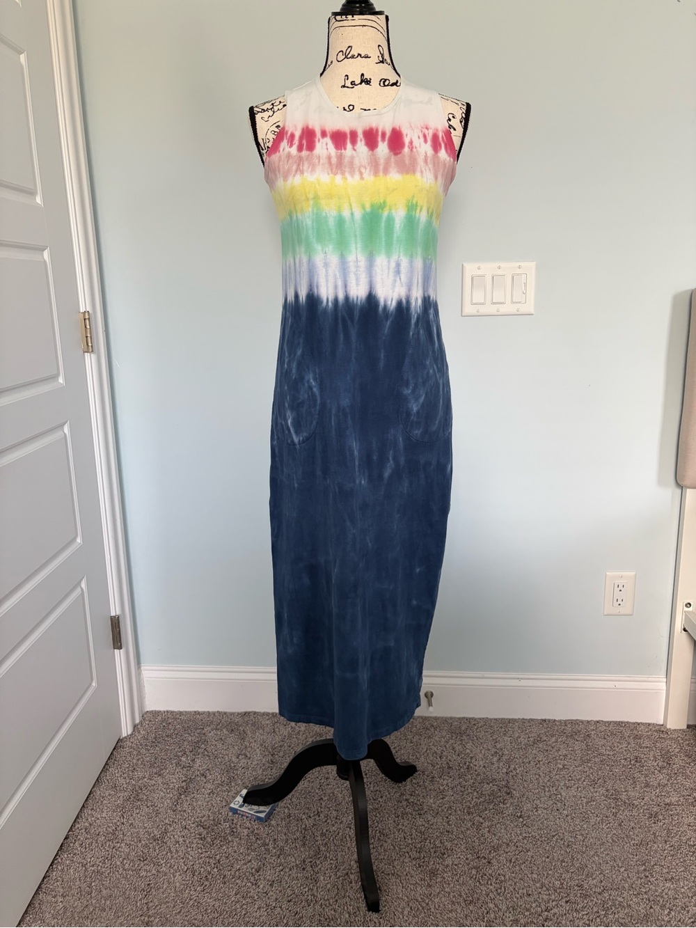 Lands' End Sleeveless Navy Tie-Dye Midi Dress